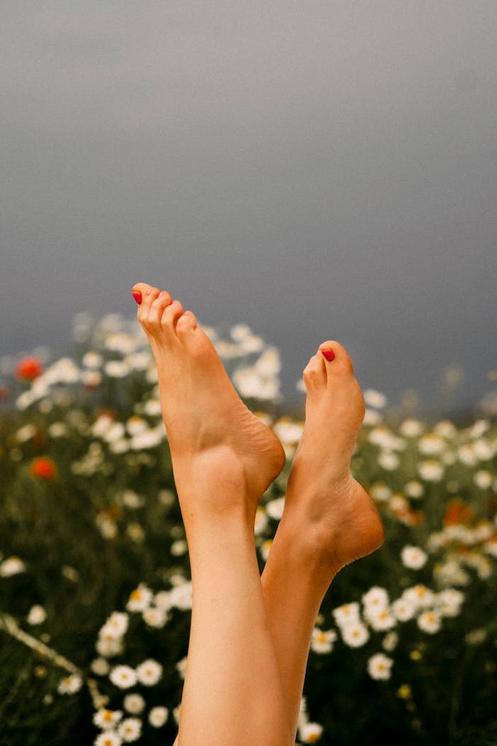 Mastering the First Impression: Your intriguing post title goes here Feet with red pedicure among chamomile flowers in Belarus, symbolizing relaxation and nature.